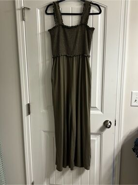 Olive Green Wide-Leg Smocked Jumpsuit